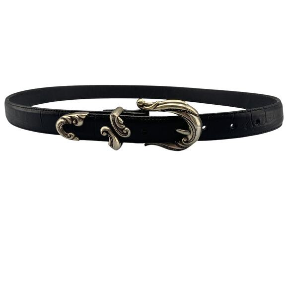 Brighton Womens Scroll Buckle Belt Size XL Black Leather Reptile 24503 Silver - Picture 1 of 11